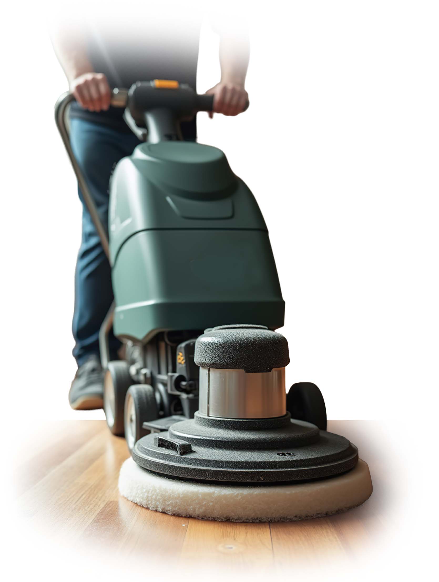 Close up of man polishing wooden floor with machine indoors. A detailed view of a person using a professional floor polisher on a shiny wooden surface, providing a clean and polished finish to the hardwood floor in a home setting